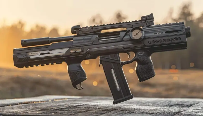 Carabine à plomb futuriste avec manomètre. La question "peut-on chasser avec une carabine à plomb 20 joules" reste ouverte.