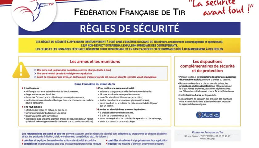 Règles de sécurité FFTir : une arme est toujours considérée comme chargée (prête à tirer), même pour une licence de tir 22lr.