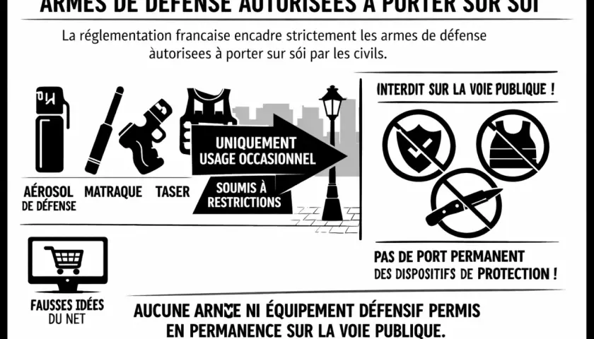 Infographie sur les armes de défense autorisées en France. Le taser est soumis à restrictions, contrairement à l'aérosol.