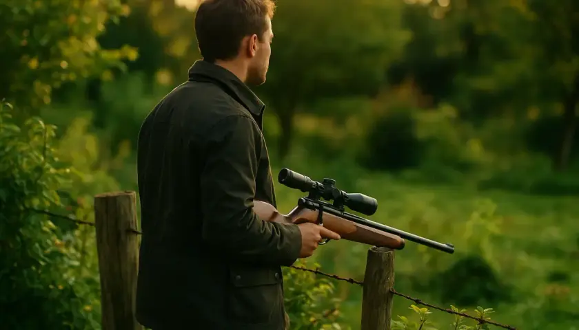 Homme tenant une carabine de jardin avec lunette, dans un décor verdoyant. La réglementation sur les carabines de jardin est stricte.