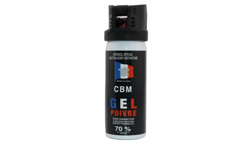 Bombe lacrymogène CBM Gel Poivre, fabriquée en France. Conforme à la loi, neutralisant instantané.