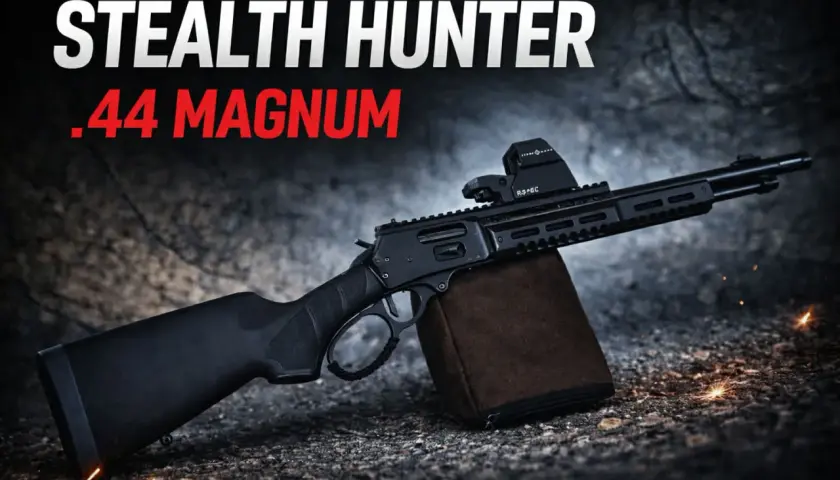 Carabine tactique .44 Magnum, prête pour la chasse furtive. Son design moderne et son viseur reflex la rendent redoutable.
