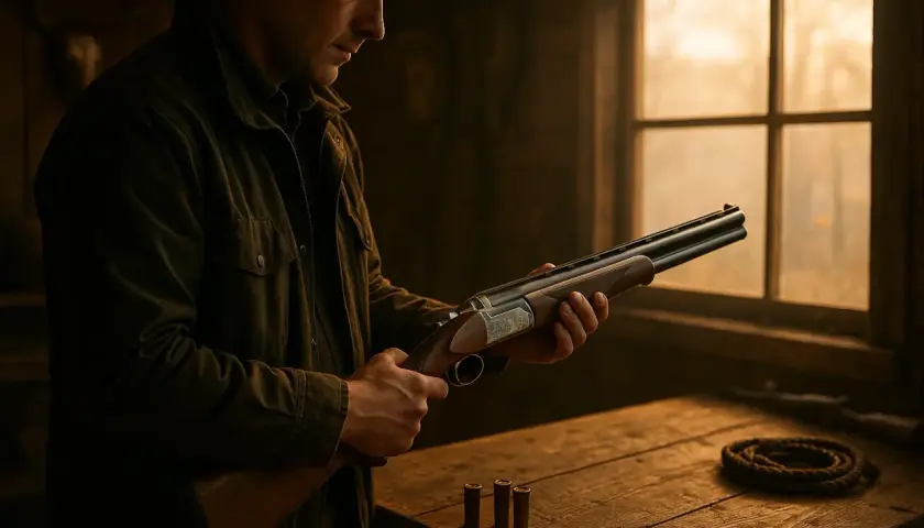 Un homme examine un fusil à double canon, prêt à vérifier la dimension cartouche calibre 12. Trois cartouches sont posées sur la table en bois.