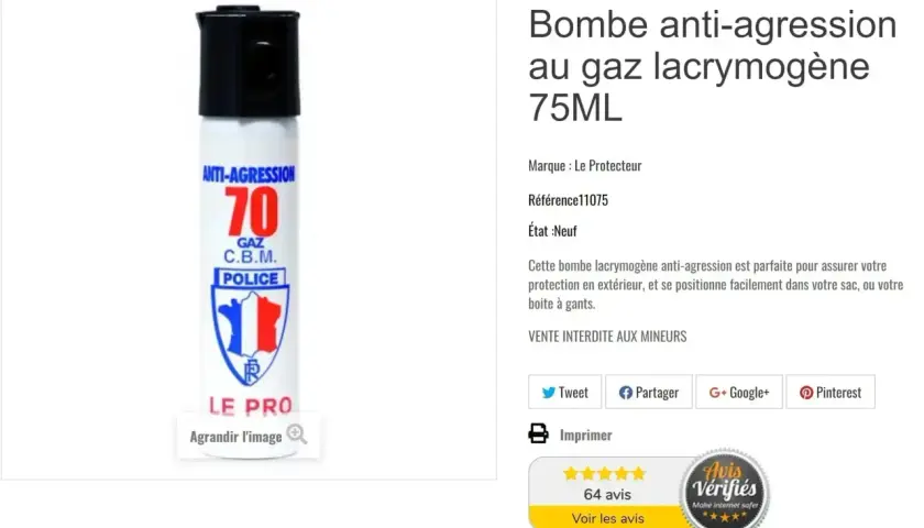 Bombe anti-agression au gaz lacrymogène 75ML, idéale pour votre protection. Son effet lacrymogène dissuade les agresseurs.