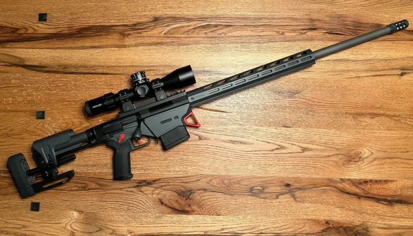 Fusil Ruger N°1 avec lunette Kahles, prêt pour le tir de précision sur fond de bois.