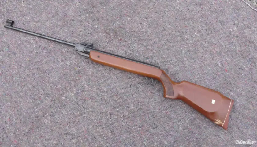 Carabine à plomb Diana, la plus puissante, avec sa crosse en bois brun et son canon long, prête pour le tir de précision.