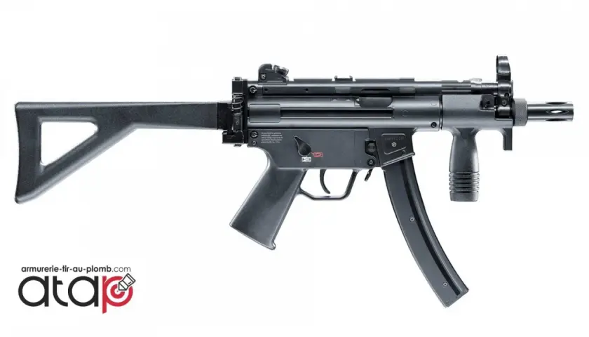 Mitraillette à plomb puissante, modèle MP5, avec crosse rétractable et poignée avant. Idéale pour le tir de loisir.