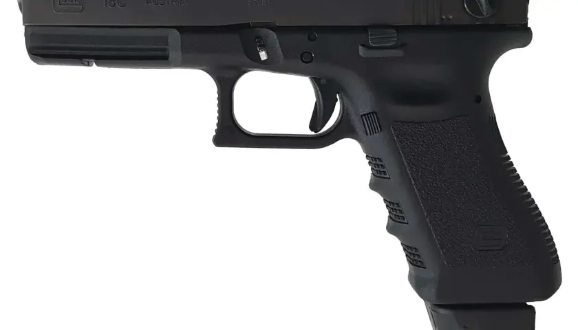 Pistolet Glock 18C, fabriqué en Autriche, calibre 9x19, avec sa poignée texturée et son chargeur étendu.