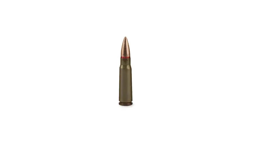 Une balle de kalachnikov, avec son projectile cuivré et son étui vert olive, prête à l'action.