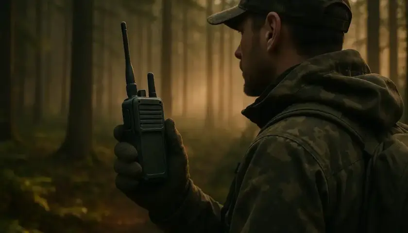 Chasseur dans la forêt, ajustant la fréquence talkie walkie pour rester en contact.