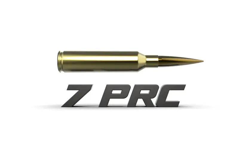 Une cartouche dorée de calibre 7mm PRC flotte au-dessus du texte 7 PRC en 3D.