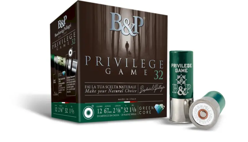Boîte et cartouches de chasse Baschieri & Pellagri, modèle Privilege Game 32. L'image met en avant la qualité et le choix naturel.