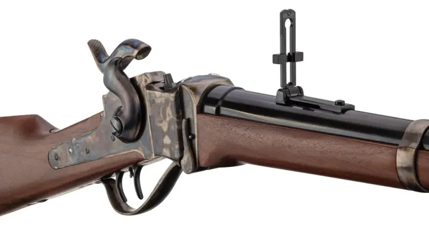 Détail d'une carabine de chasse la plus précise, avec sa crosse en bois sombre, son mécanisme de culasse ouvrante et sa hausse réglable.