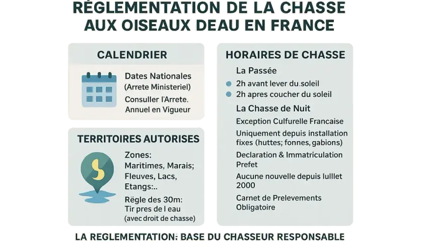 Réglementation de la chasse aux oiseaux d'eau en France : calendrier, horaires, territoires autorisés. La chasse au gibier d'eau est encadrée.