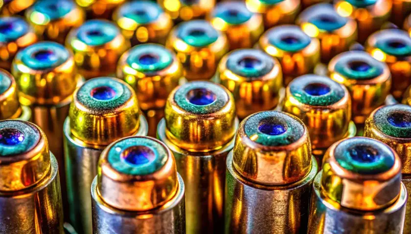 Rangée de munitions 44 magnum Geco, aux reflets dorés et bleus, prêtes à l'action.