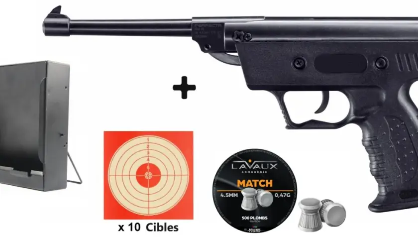 Pistolet à air comprimé Perfecta S3, 4,5 mm, avec boîte de rangement, cibles et plombs. Attention, ce pistolet 3 joules dangereux nécessite une utilisation responsable.