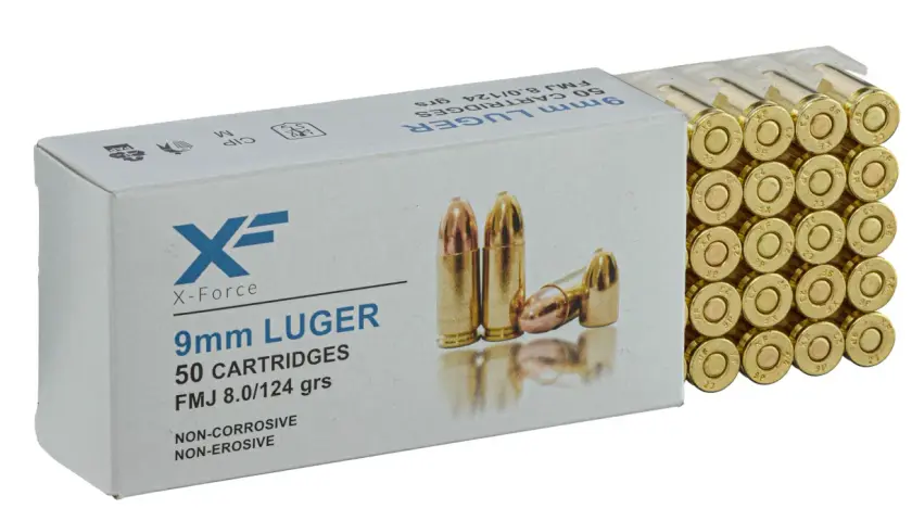 Boîte de 50 cartouches 9mm Luger FMJ 8.0/124 grs, poids balle 9mm.