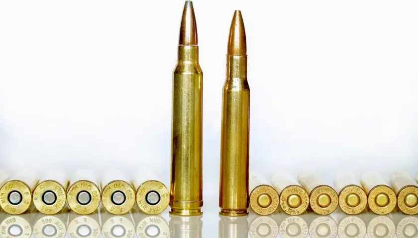 Comparaison visuelle entre une cartouche 300 Win Mag et une 30-06. Les deux sont alignées avec d'autres cartouches en arrière-plan.