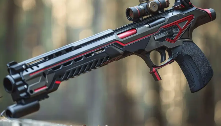 Un fusil pour sanglier au design futuriste, noir et rouge, avec lunette de visée, posé sur une souche en forêt.