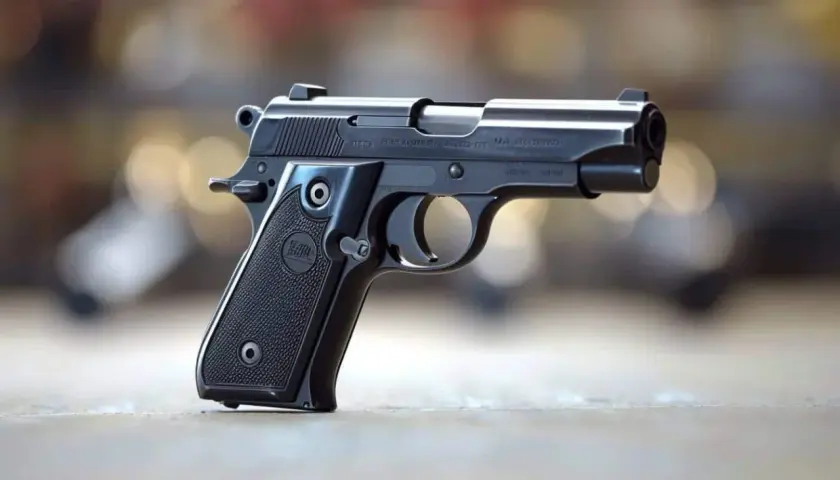 Pistolet Beretta 92FS, une arme légale en France, posé sur une table.