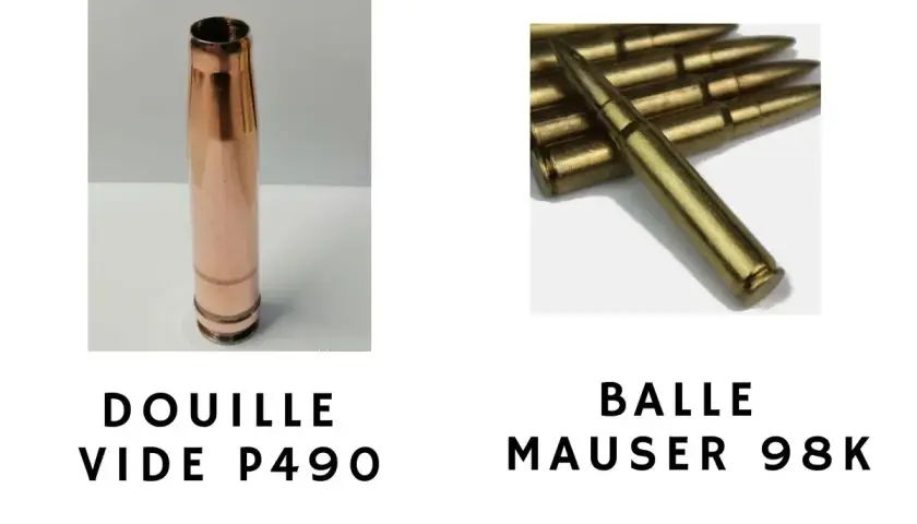 Comparaison : douille vide P490 à gauche, balles réelles Mauser 98K à droite.