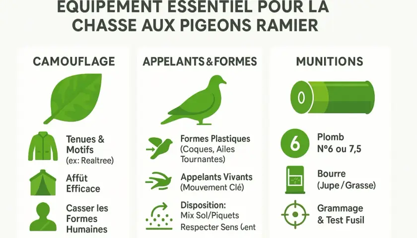Équipement pour la chasse au pigeon : camouflage, appelants, et munitions. Le bon plomb, N°6 ou 7,5, est essentiel.