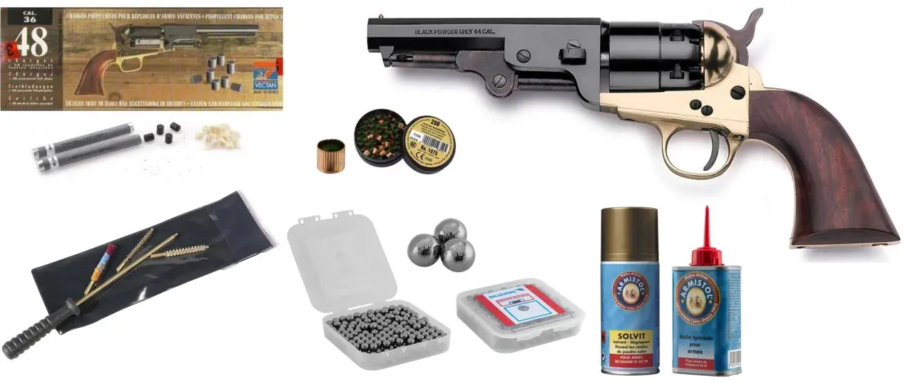 Kit de conversion pour arme à poudre noire, incluant un révolver, balles, poudre et produits d'entretien.