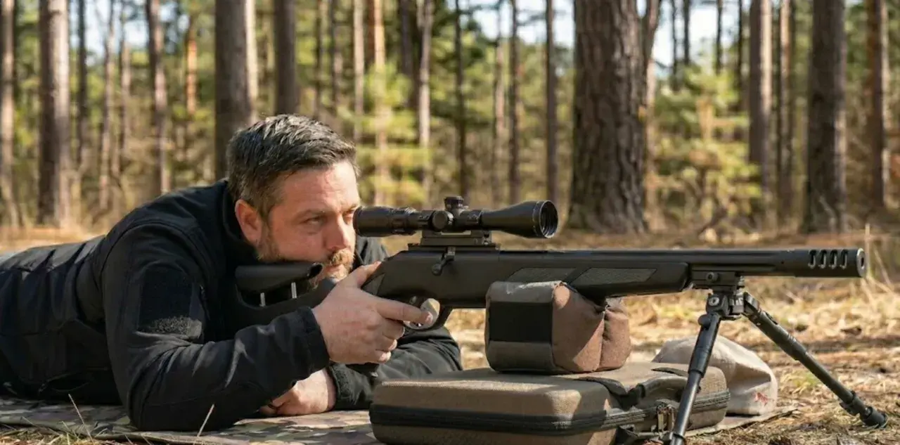 Un homme en tenue noire, couché dans une forêt, vise avec une carabine équipée d'une lunette. Le kit de puissance 40 joules est prêt pour le tir.