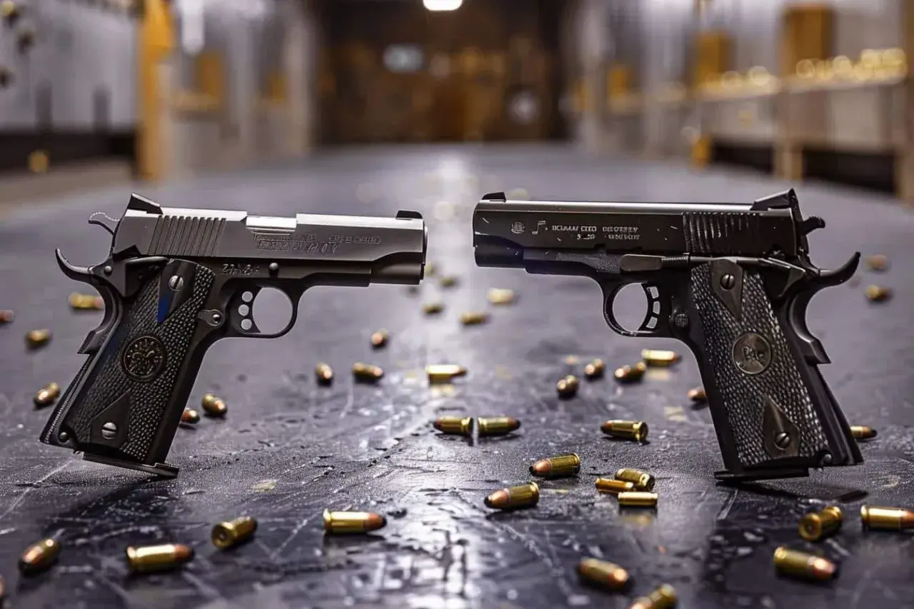 Deux pistolets, un 22 LR et un 9mm, posés sur une table avec des douilles éparpillées.