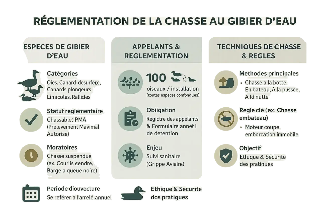 Réglementation de la chasse au gibier d'eau : espèces, appelants, techniques. La chasse au canard de nuit est soumise à des règles strictes.