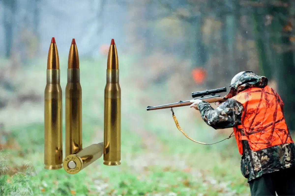 Chasseur en action, prêt à tirer avec sa carabine. Trois cartouches de calibre carabine de chasse sont mises en avant.