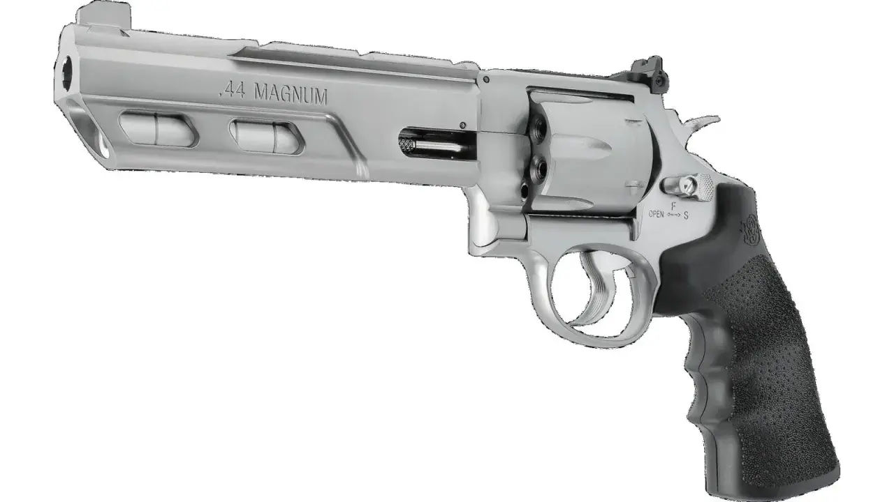 Revolver à plomb .44 Magnum, le plus puissant, avec une poignée noire texturée et un canon argenté.