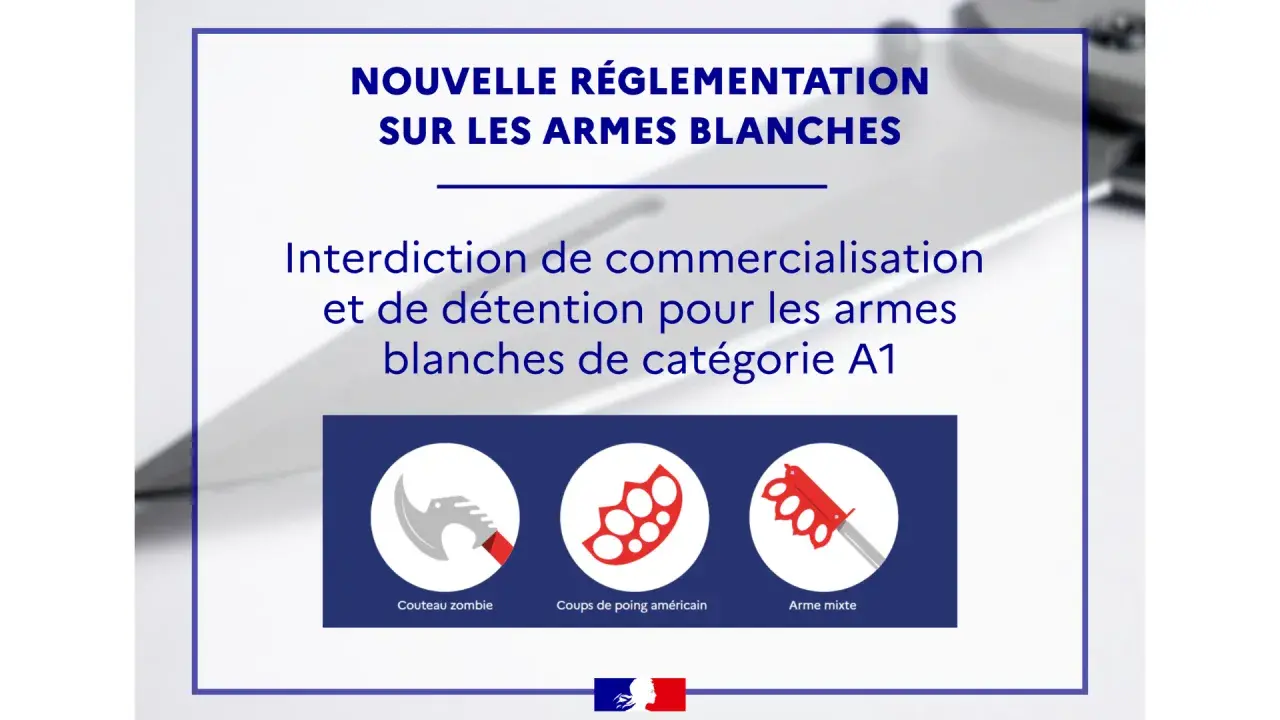 Nouvelle réglementation sur les armes blanches de catégorie A1 : interdiction de commercialisation et de détention. Icônes : couteau zombie, coups de poing américain, arme mixte.