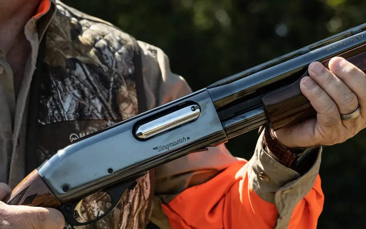 Un chasseur tient une arme Remington Wingmaster, un fusil de chasse classique, prêt pour l'action.