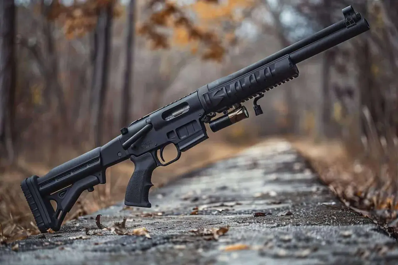 Un fusil à pompe Remington 870 Police, noir, avec une lampe tactique, posé sur un chemin en automne.