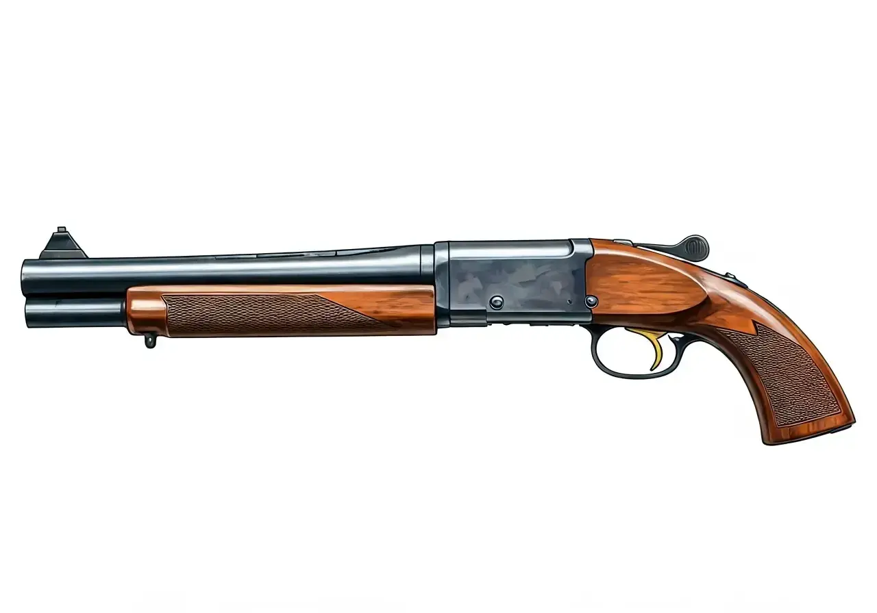 Fusil à canon scié, un objet dont la législation est stricte. Illustration d'une arme à feu avec crosse et garde-main en bois.