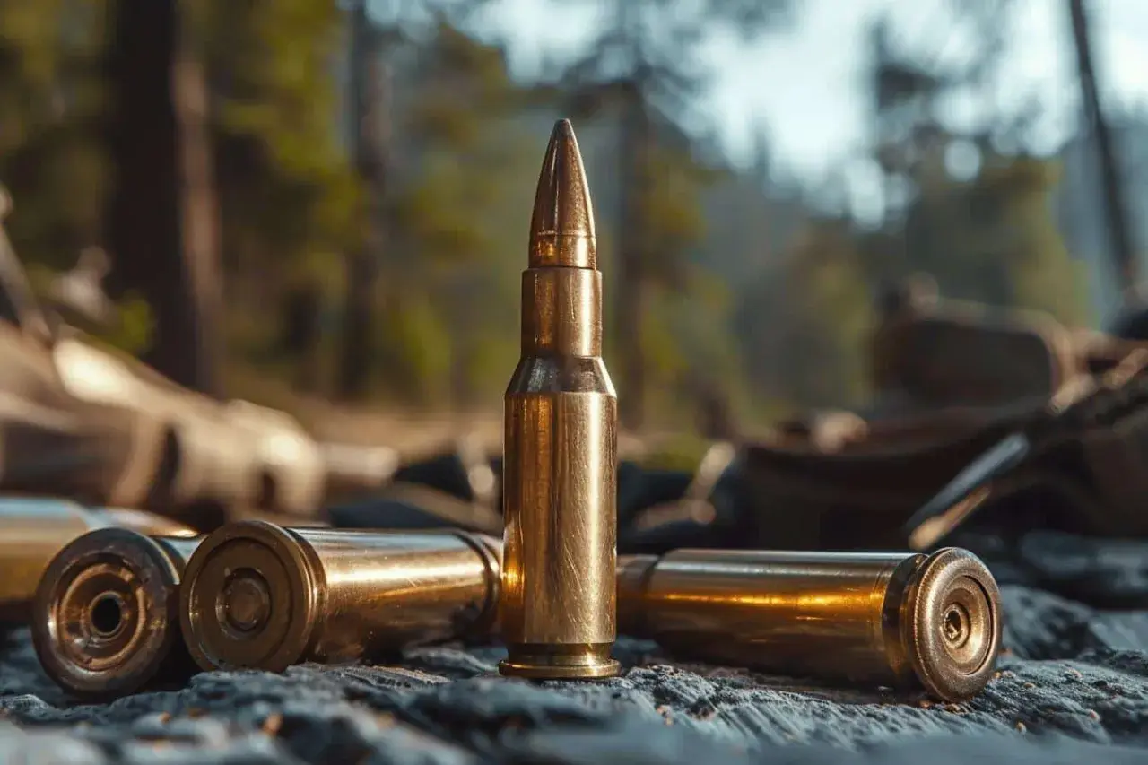 Trois cartouches dorées sur un sol rocheux, en forêt. La question quel calibre pour le sanglier est au cœur de cette scène de chasse.