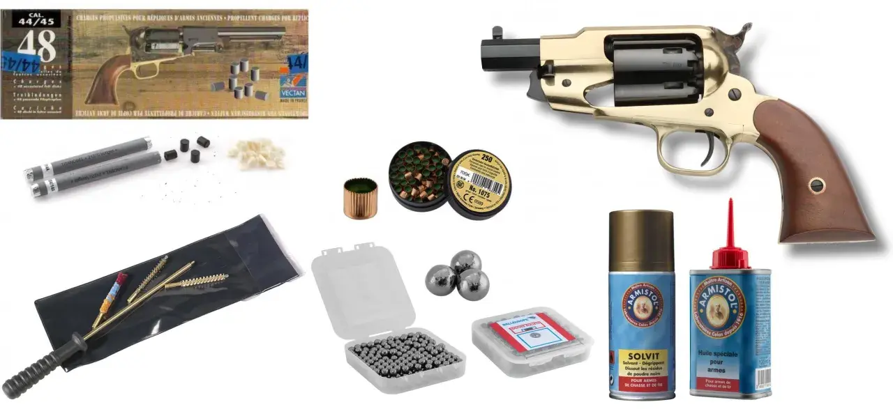 Un pistolet Remington doré et brun, entouré de munitions, d'un kit de nettoyage et de produits d'entretien pour armes.
