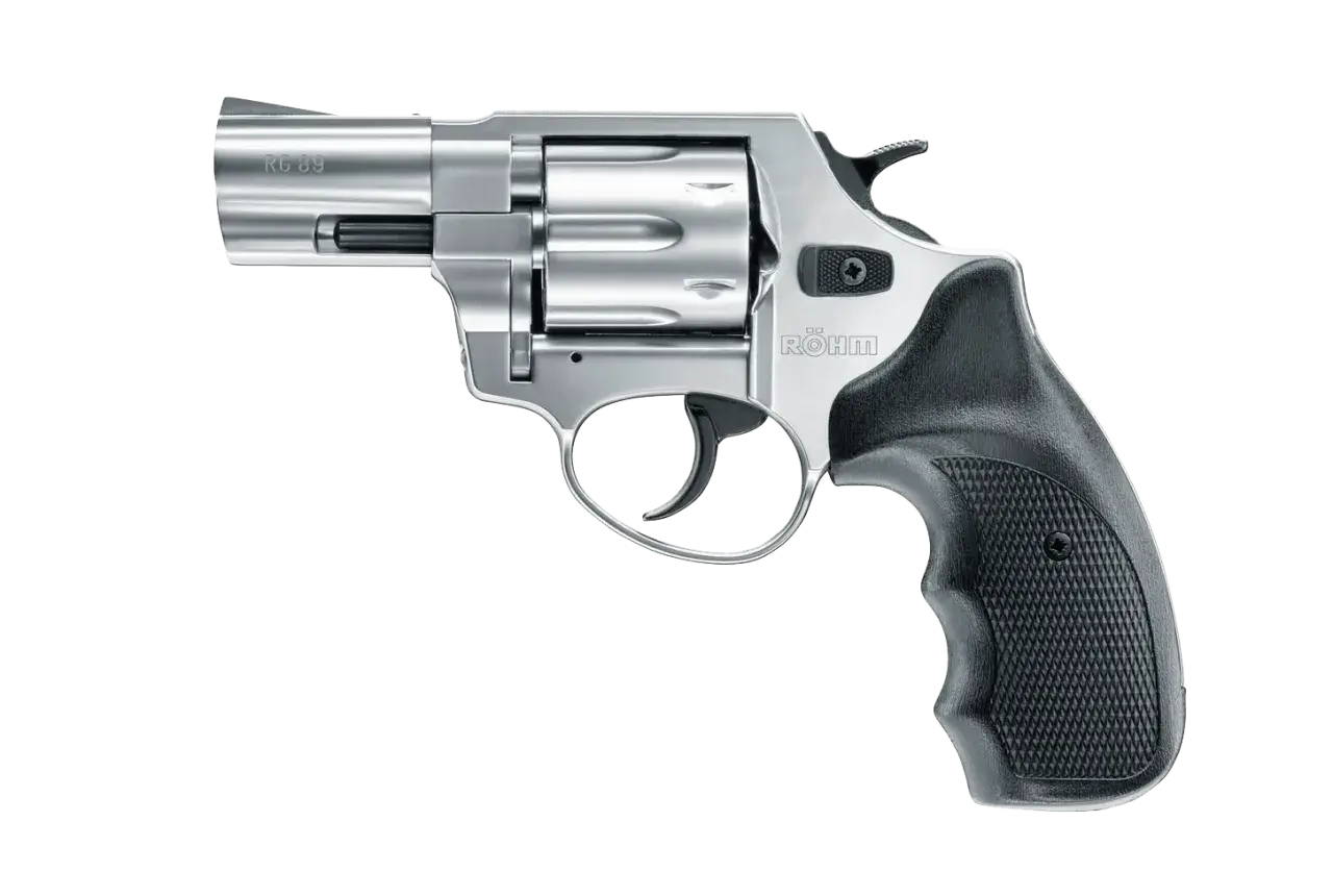 Revolver RG 89 chromé, une arme à balle à blanc au design classique, avec une poignée noire texturée.