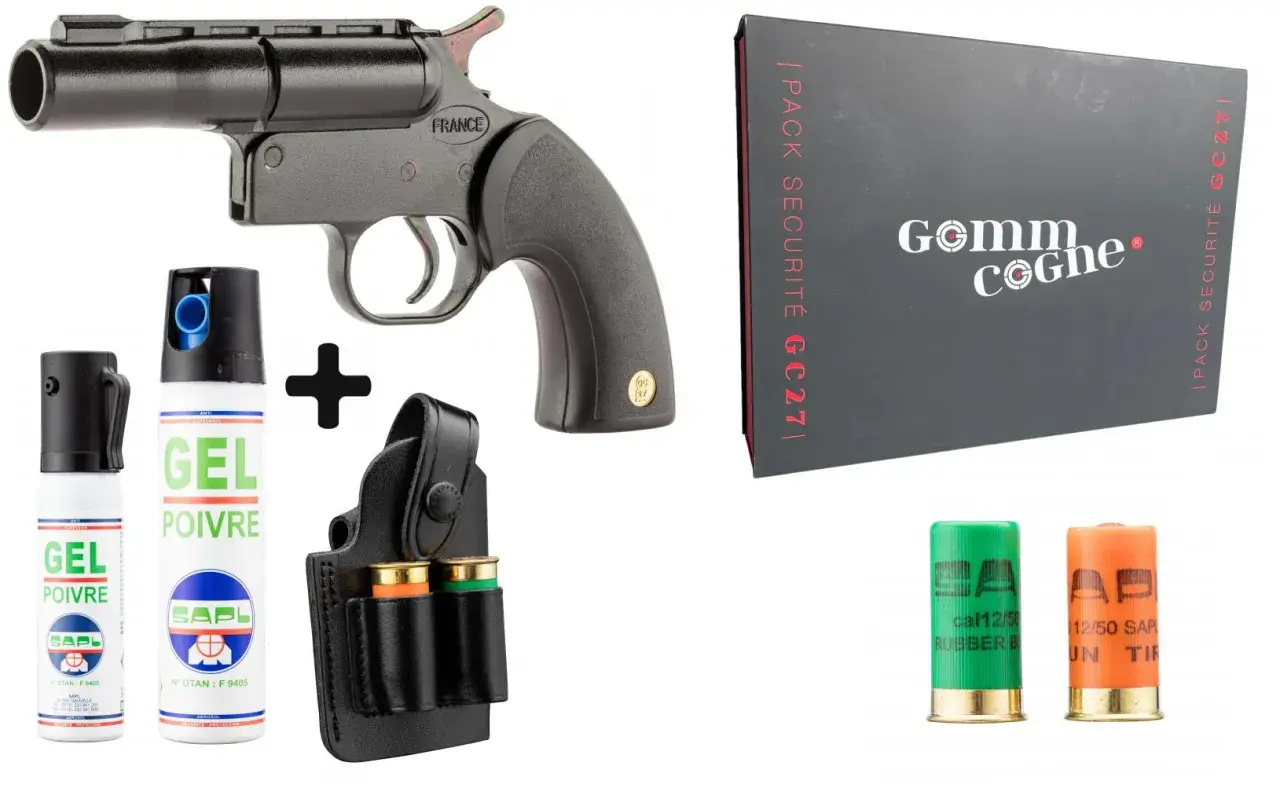 Pack de défense : pistolet lanceur de projectiles, cartouches calibre 12 (dont gomme cogne) et sprays de poivre. Législation en vigueur.