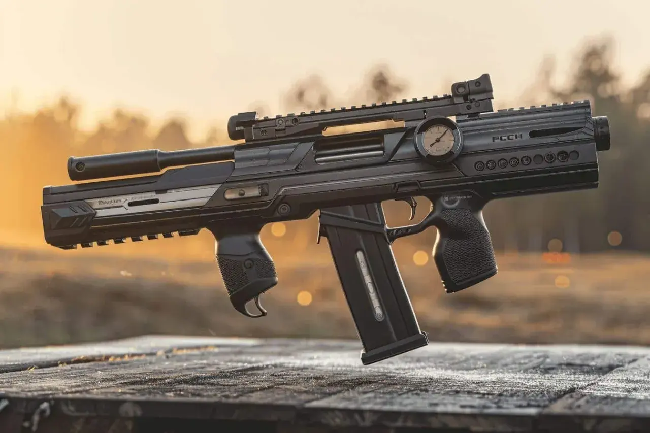 Carabine à plomb futuriste avec manomètre. La question "peut-on chasser avec une carabine à plomb 20 joules" reste ouverte.