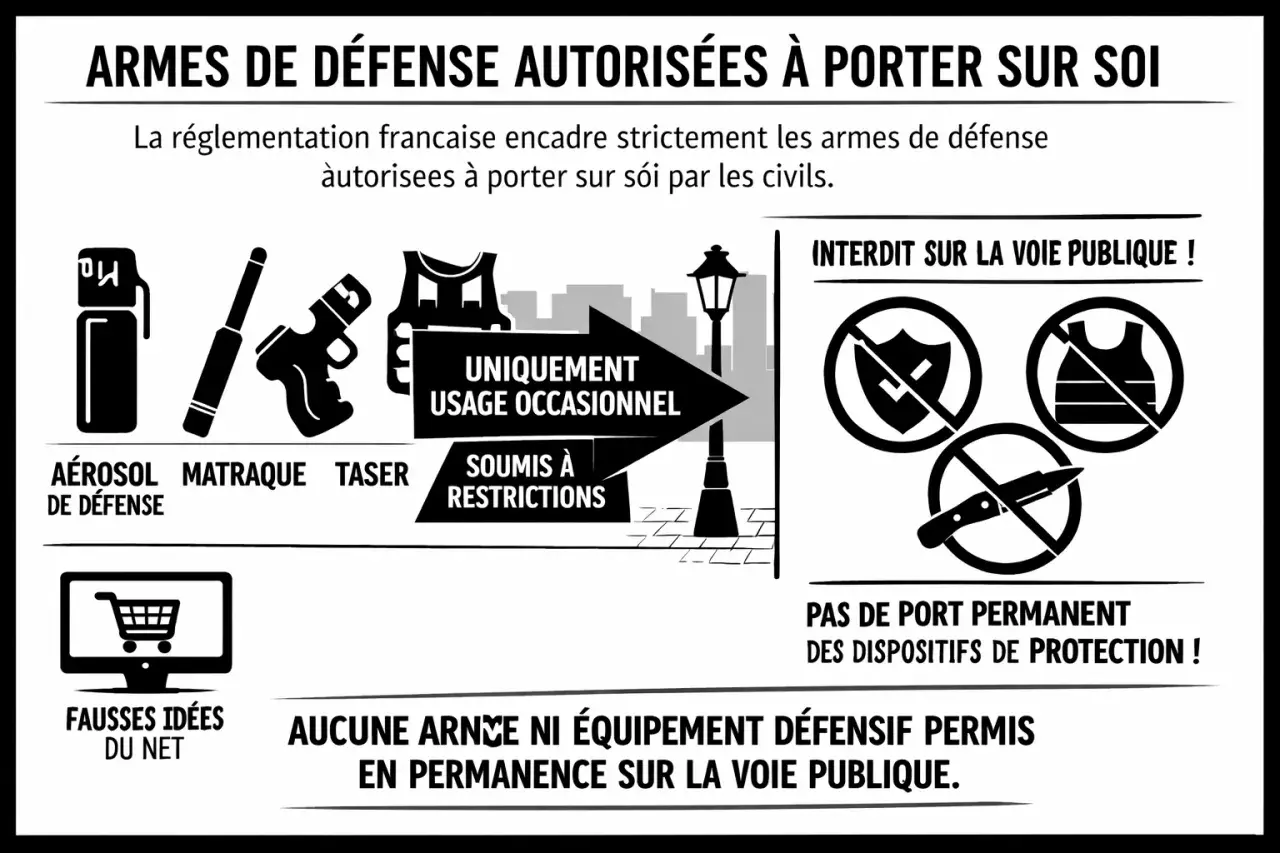 Infographie sur les armes de défense autorisées en France. Le taser est soumis à restrictions, contrairement à l'aérosol.