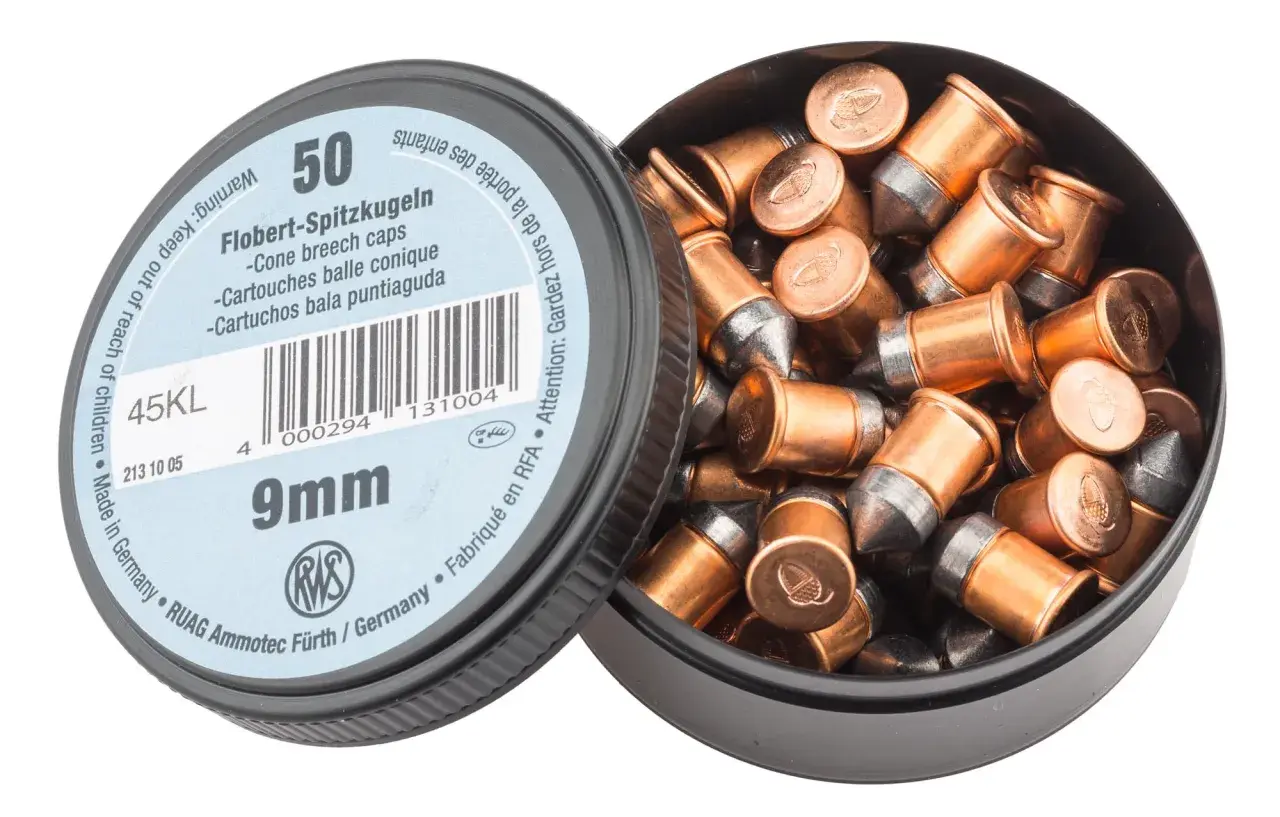 Boîte de 50 cartouches 9mm pour revolver, type Flobert, avec balles coniques en cuivre et plomb.