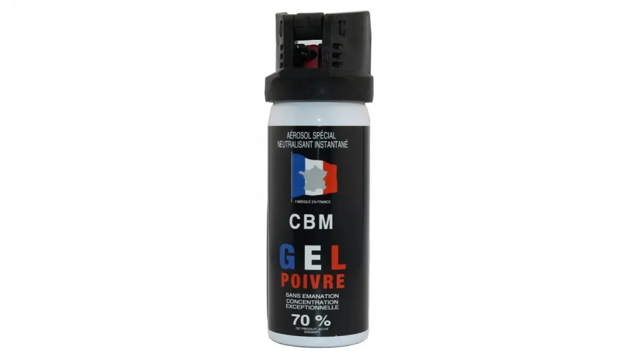 Bombe lacrymogène CBM Gel Poivre, fabriquée en France. Conforme à la loi, neutralisant instantané.