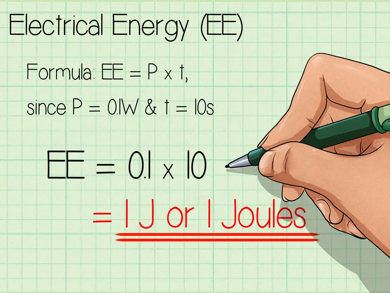 Calculer les joules d'une arme : la formule EE = P x t, avec P=0.1W et t=10s, donne 1 Joule.