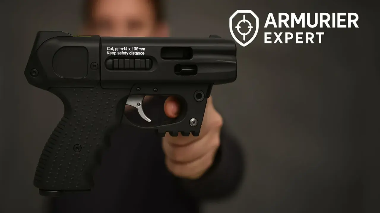 Main noire tenue par une main, potentiellement l'arme de défense la plus puissante. Marquages "Cal. ppm14 x 100mm" et "Keep safety distance". Logo "ARMURIER EXPERT".