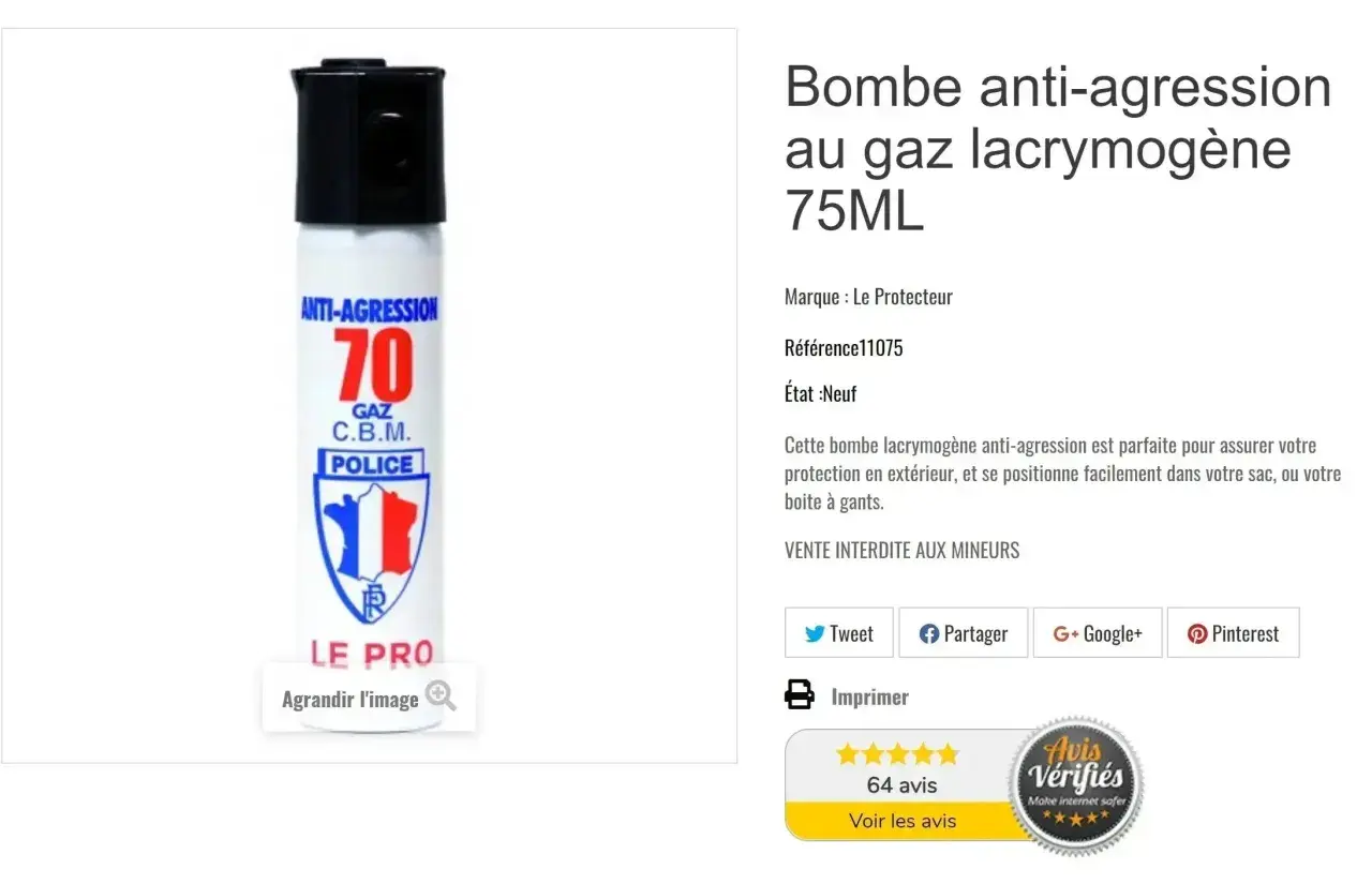 Bombe anti-agression au gaz lacrymogène 75ML, idéale pour votre protection. Son effet lacrymogène dissuade les agresseurs.