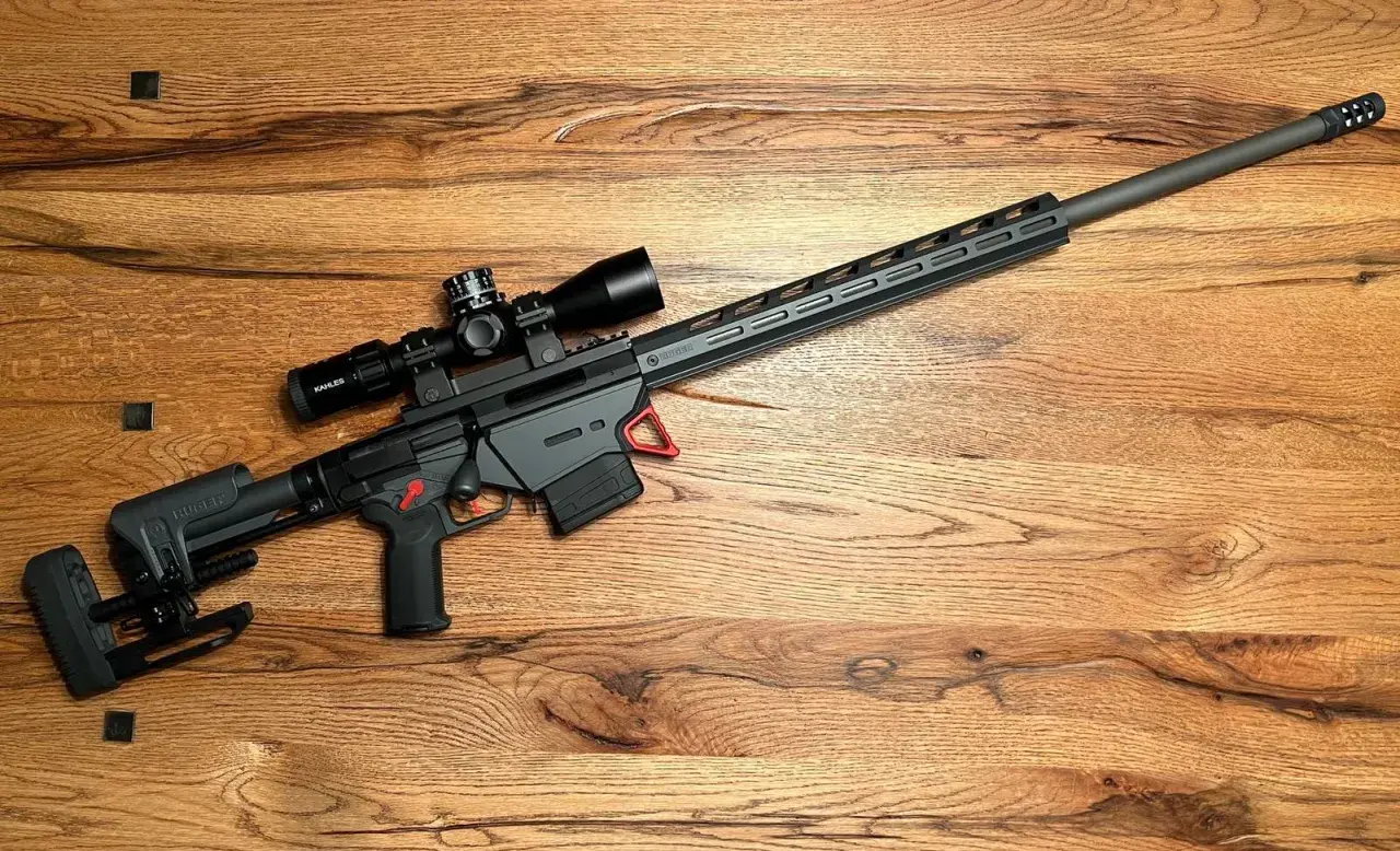 Fusil Ruger N°1 avec lunette Kahles, prêt pour le tir de précision sur fond de bois.