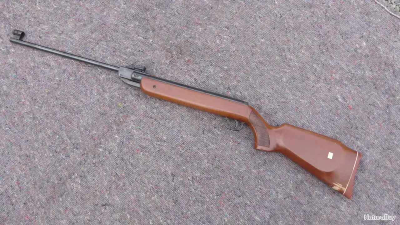 Carabine à plomb Diana, la plus puissante, avec sa crosse en bois brun et son canon long, prête pour le tir de précision.