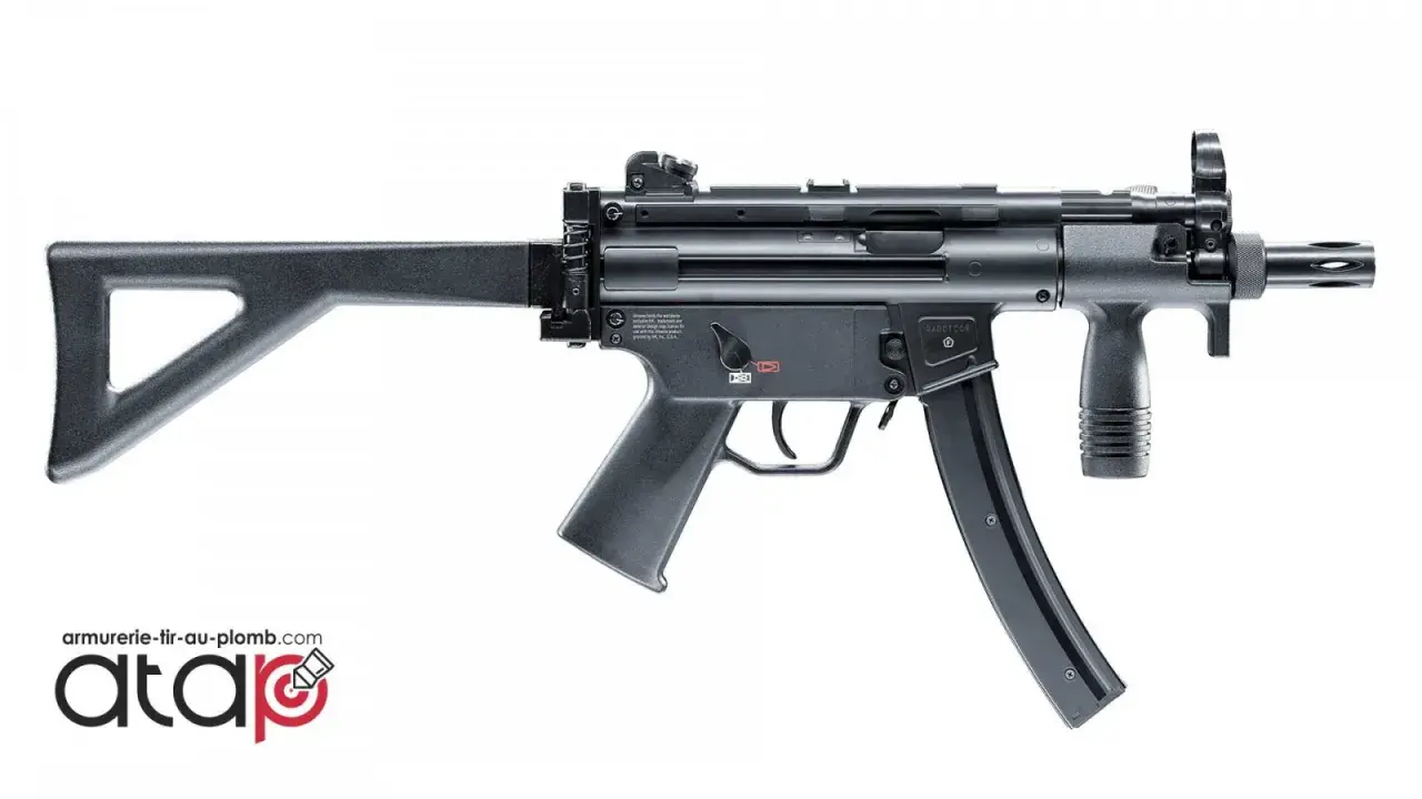 Mitraillette à plomb puissante, modèle MP5, avec crosse rétractable et poignée avant. Idéale pour le tir de loisir.